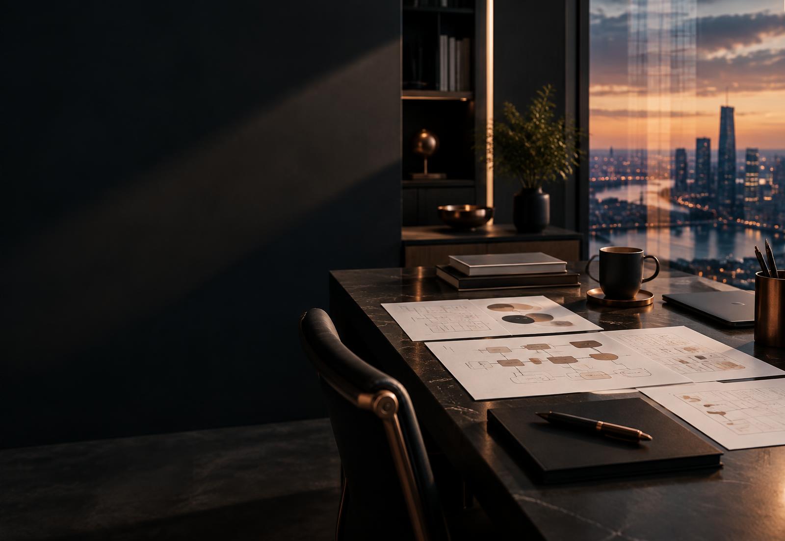 Strategy diagrams in a refined executive workspace at dusk